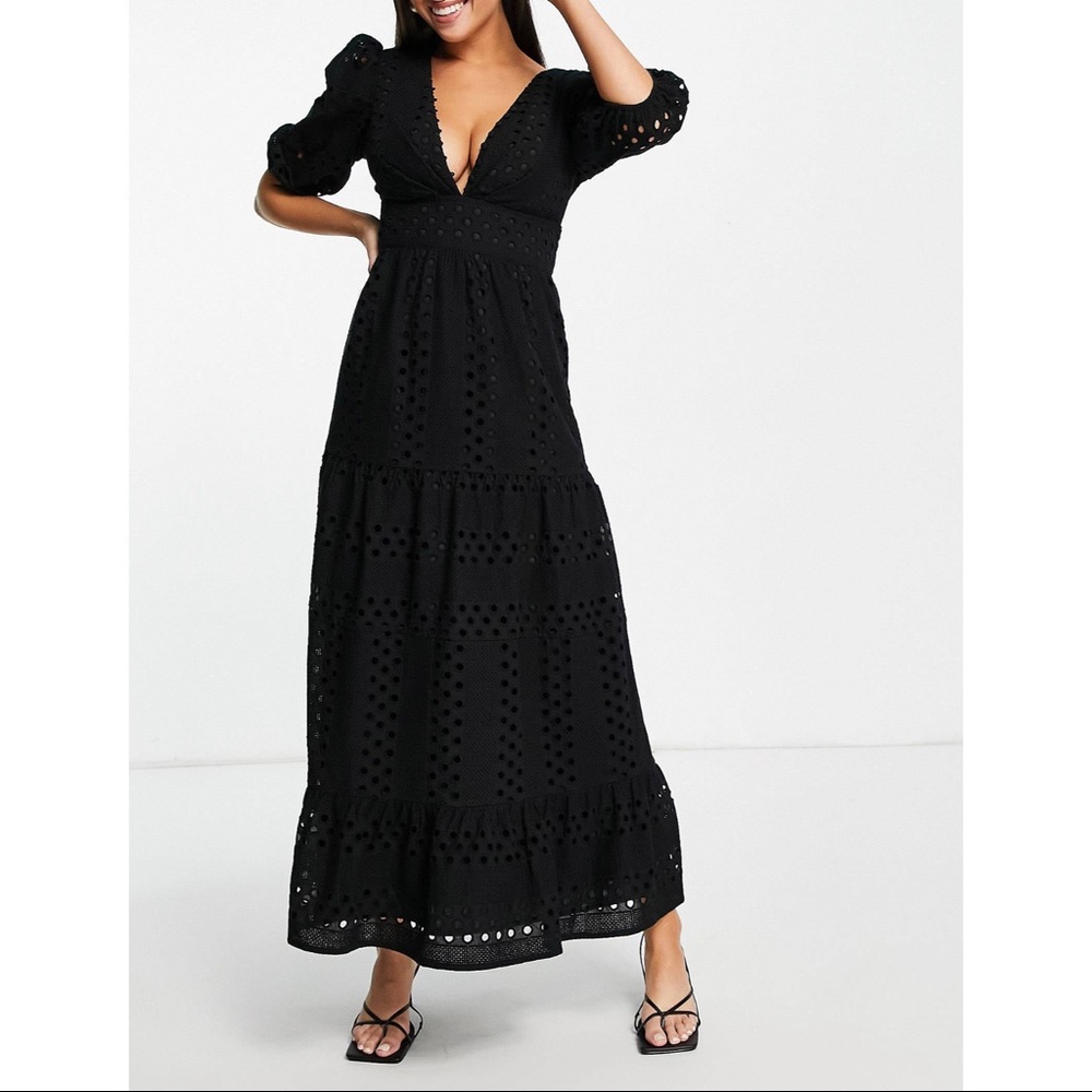 ASOS Black Plunge Eyelet Tiered Midi Dress - US 4